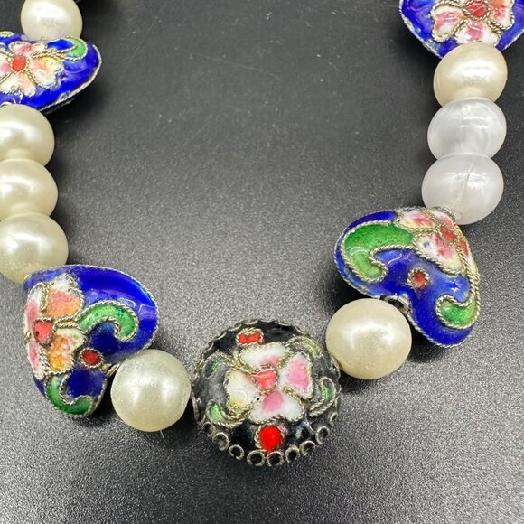 Vintage Cloisonne Floral Faux Pearl Necklace Earrings Set Heart Beads Blue Black - Picture 4 of 9